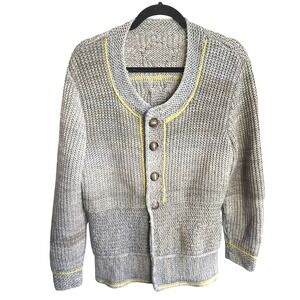 Vintage Hand Knit Grey Cardigan Sweater Yellow Trim‎ Cable Knit Button Front M